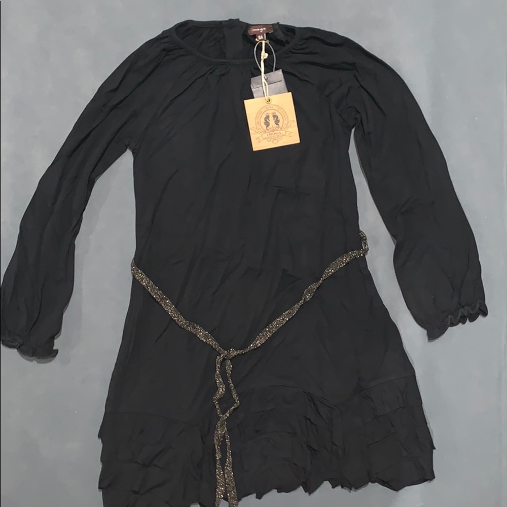 black ruffle dress with gold tie